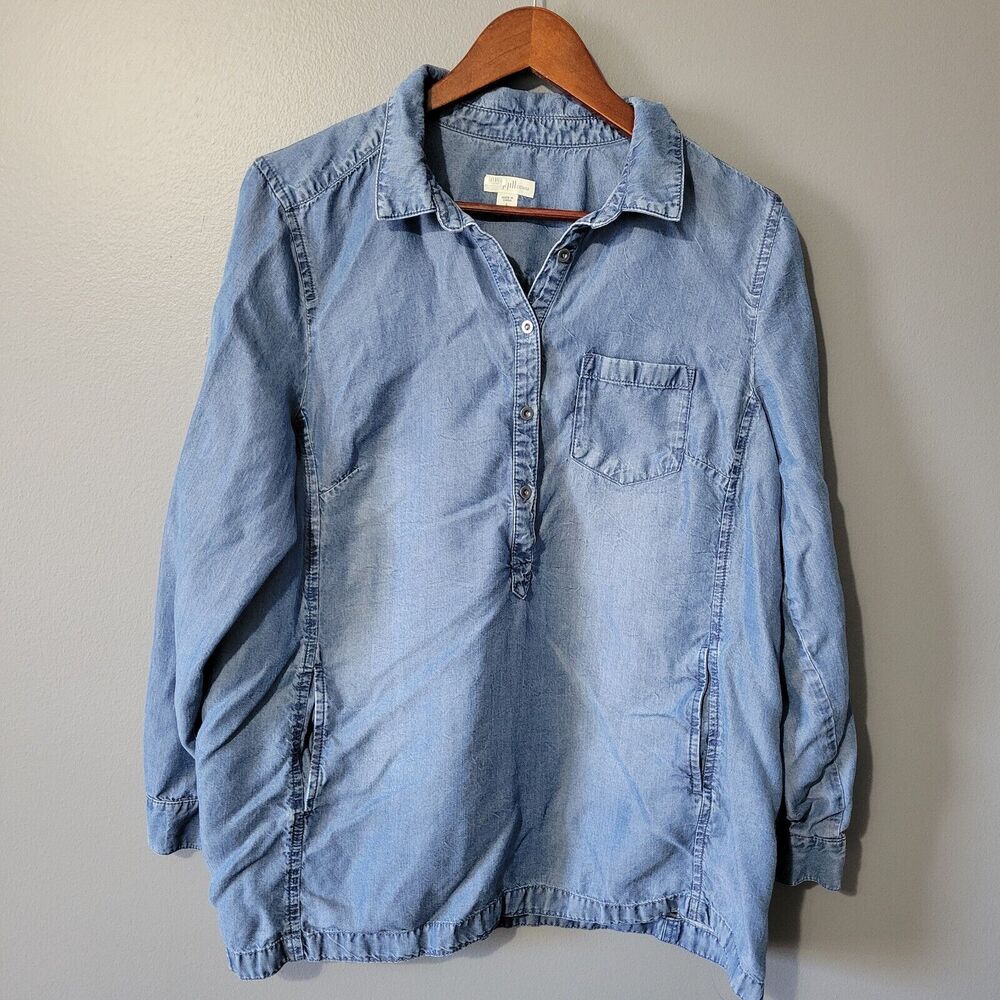 J Jill Denim Shirt Size Large Petite Long Sleeve Pockets Chambray Casual Western